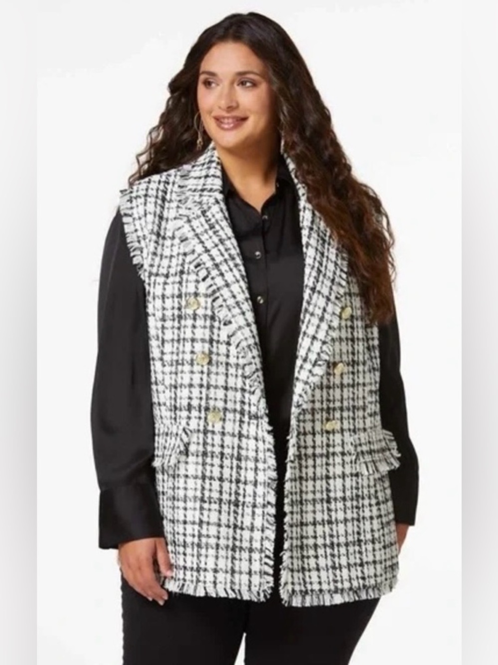 Brand-New Cato Tweed Houndstooth Fringe Vest